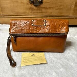 Patricia Nash Valerie Fold-over Wristlet Clutch Handbag Brown Tooled Leather